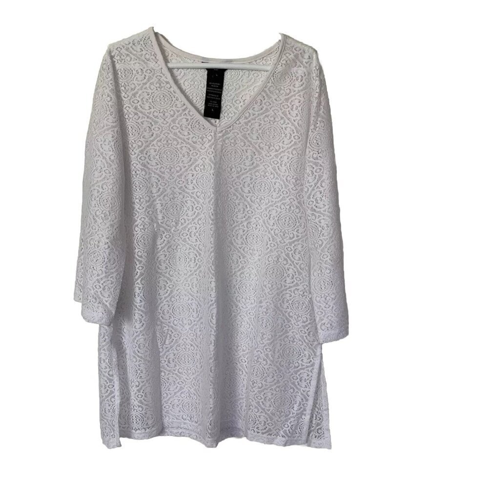 Mario Serrani Italy Large White Lace Dress-Tunic Beach Cover Up 3/4 Sleeve